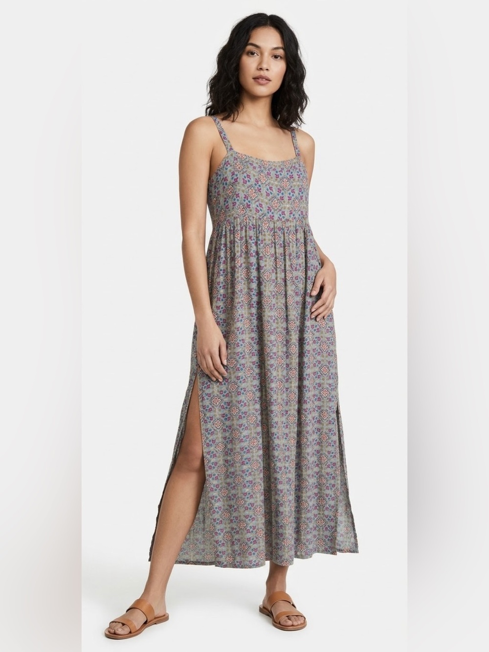 Natural Life Floral Pattern Tank Maxi Dress with Side Slits Bohemian Size Medium
